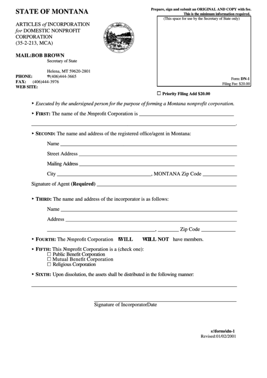 Form Dn-1 - Articles Of Incorporation For Domestic Nonprofit Corporation Printable pdf