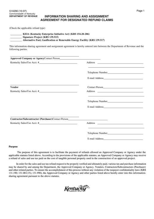 Form 51a290 - Information Sharing And Assignment Agreement For Designated Refund Claims - Commonwealth Of Kentucky - Department Of Revenue Printable pdf