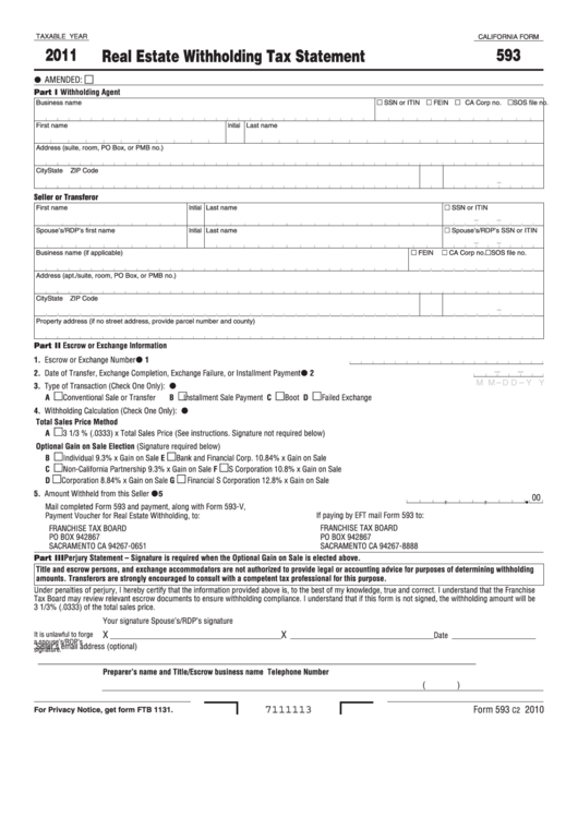 Fillable California Form 593 - Real Estate Withholding Tax Statement - 2011 Printable pdf