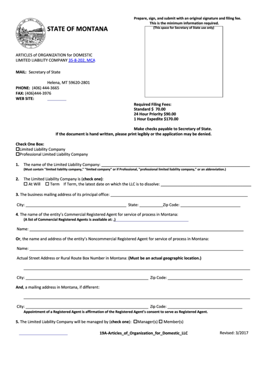 Fillable Articles Of Organization For Domestic Limited Liability Company Form - Montana Secretary Of State Printable pdf