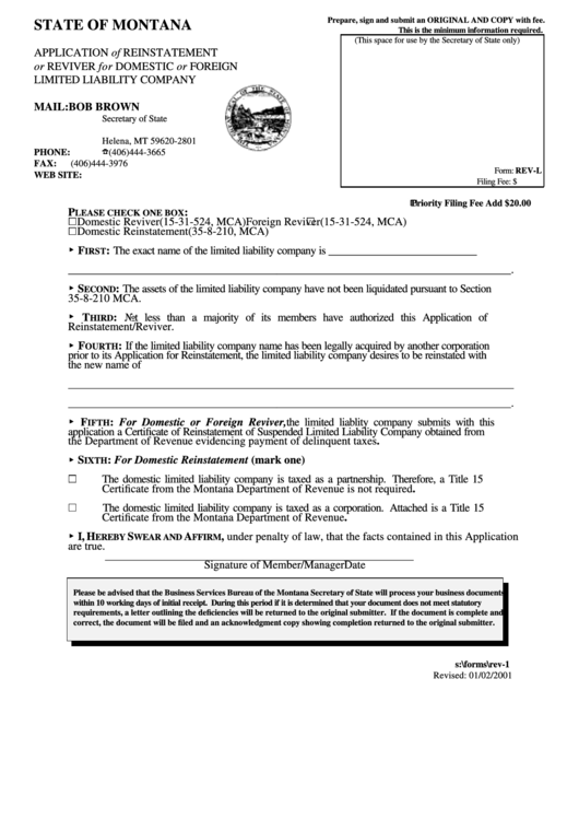 Form Rev-L - Application Of Reinstatement Or Reviver For Domestic Or Foreign Limited Liability Company Printable pdf