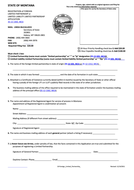 Registration Of Foreign Limited Partnership Or Limited Liability Limited Partnership - Montana Secretary Of State Printable pdf