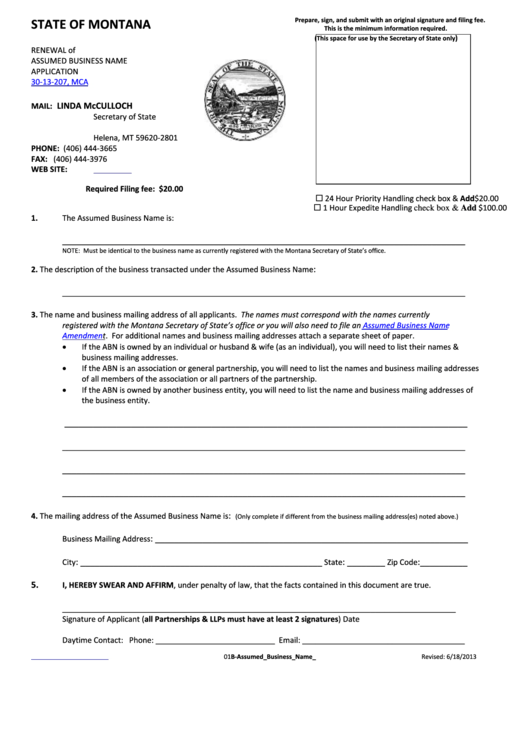 Renewal Of Assumed Business Name Application 30-13-207, Mca - Secretary Of State Printable pdf