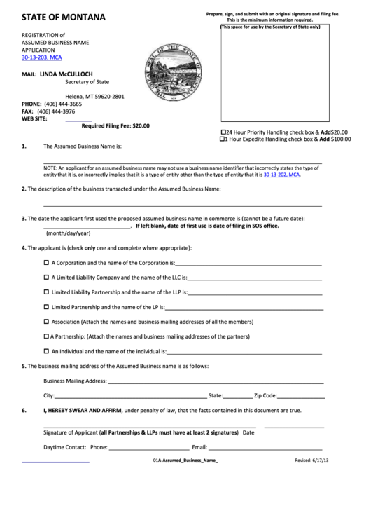 Registration Of Assumed Business Name Application Form - State Of Montana - Secretary Of State Printable pdf