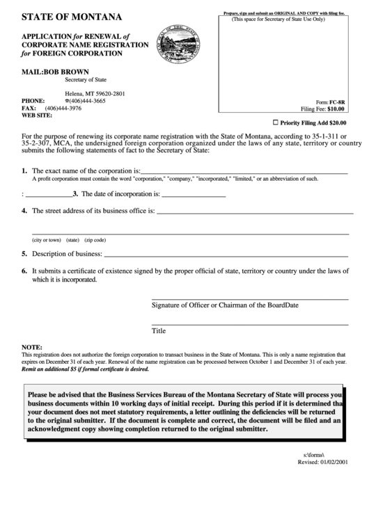 Form Fc-8r - Application For Renewal Of Corporate Name Registration For Foreign Corporation Form - State Of Montana - Secretary Of State Printable pdf