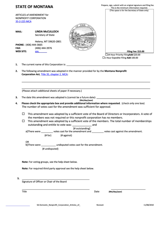 Articles Of Amendment For Nonprofit Corporation - Montana Secretary Of State - 2010 Printable pdf