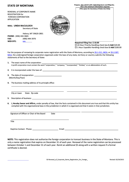 Renewal Of Corporate Name Registration For Foreign Corporation Application - Secretary Of State Printable pdf