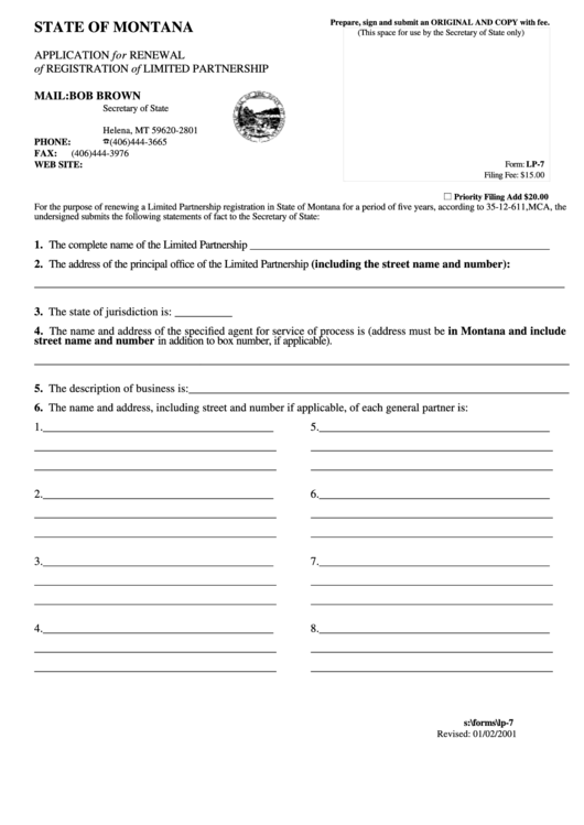 Form Lp-7 - Application For Renewal Of Registration Of Limited Partnership Form - State Of Montana - Secretary Of State Printable pdf