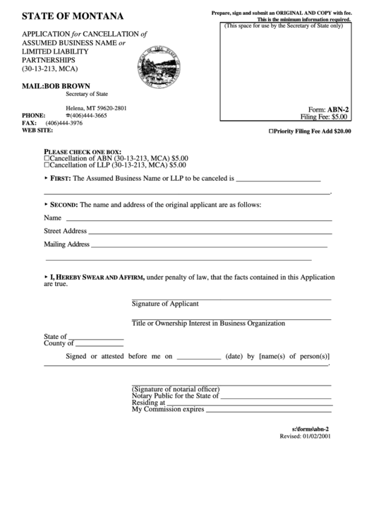 Form Abn-2 - Application For Cancellation Of Assumed Business Name Or Limited Liability Partnerships Printable pdf