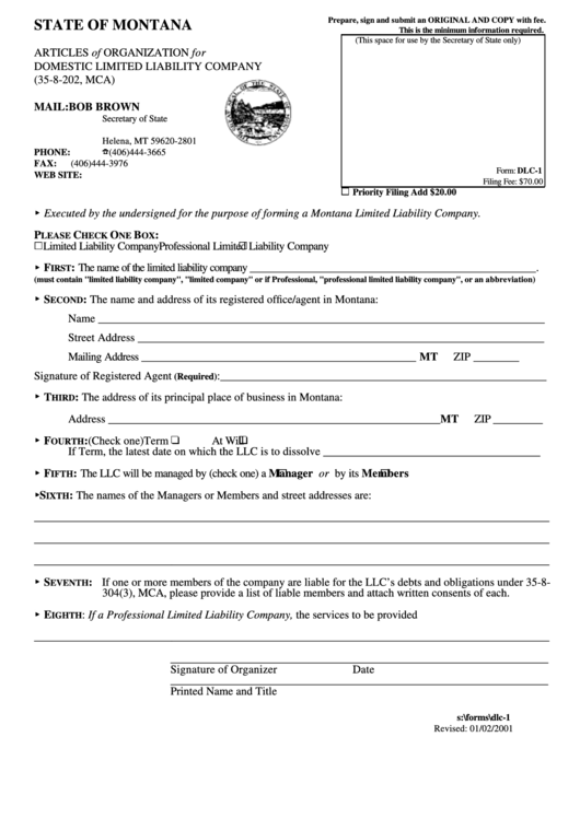 Form Dlc-1 - Articles Of Organization For Domestic Limited Liability Company Form - State Of Montana - Secretary Of State Printable pdf