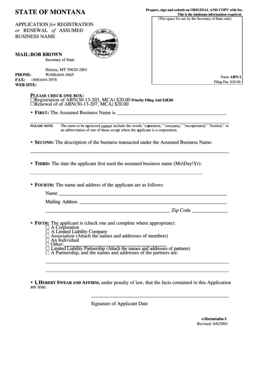 Form Abn-1 - Application For Registration Or Renewal Of Assumed Business Name Form - State Of Montana - Secretary Of State Printable pdf