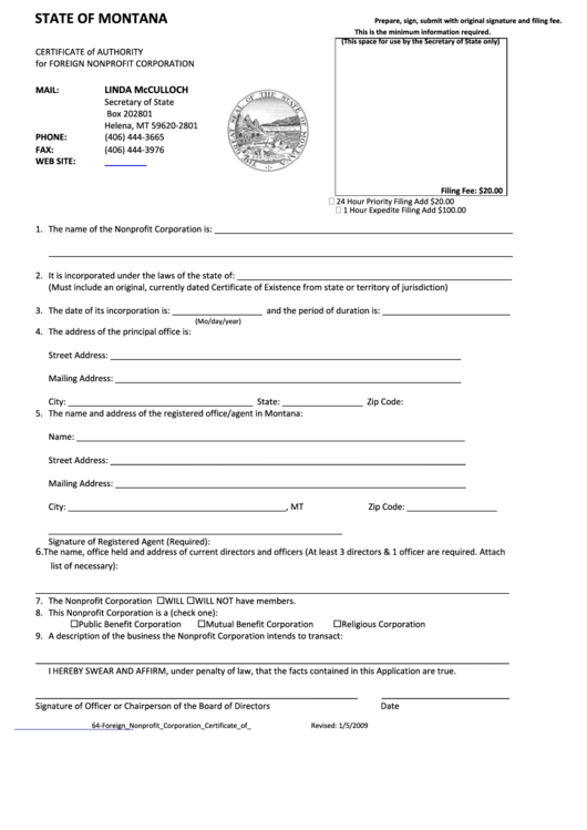 Certificate Of Authority For Foreign Nonprofit Corporation Form - State Of Montana - Secretary Of State Printable pdf