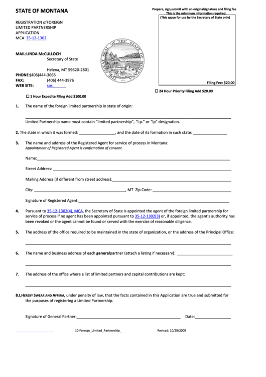 Registration Of Foreign Limited Partnership Application Form - State Of Montana - Secretary Of State Printable pdf