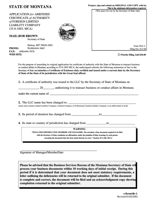 Form Flc-2 - Application For Amended Certificate Of Authority Of Foreign Limited Liability Company Printable pdf