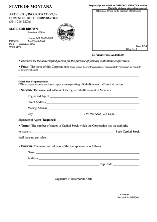 Form Dp-1 - Articles Of Incorporation For Domestic Profit Corporation Form - State Of Montana - Secretary Of State Printable pdf