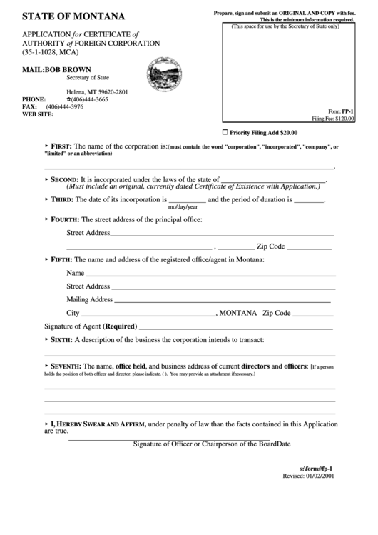Form Fp-1 - Application For Certificate Of Authority Of Foreign Corporation Printable pdf