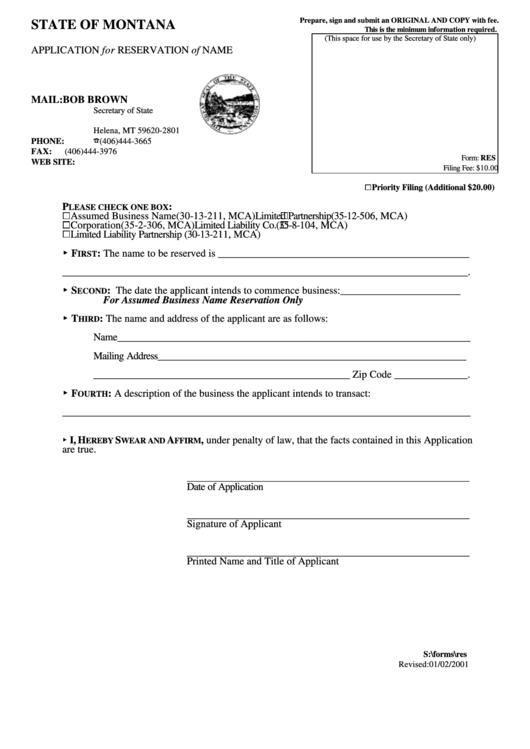 Form Res - Application For Reservation Of Name Form - State Of Montana - Secretary Of State Printable pdf