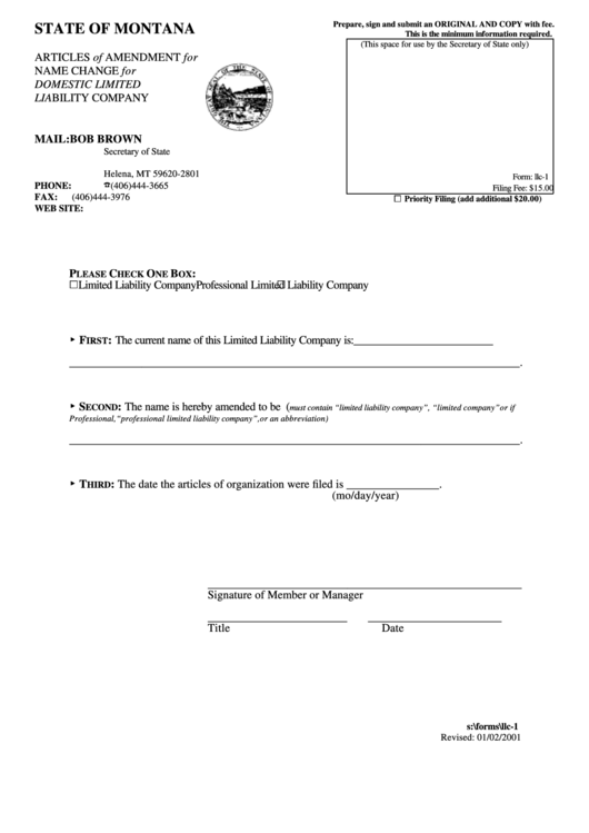 Form Llc-1 - Articles Of Amendment For Name Change For Domestic Limited Liability Company Form - State Of Montana - Secretary Of State Printable pdf