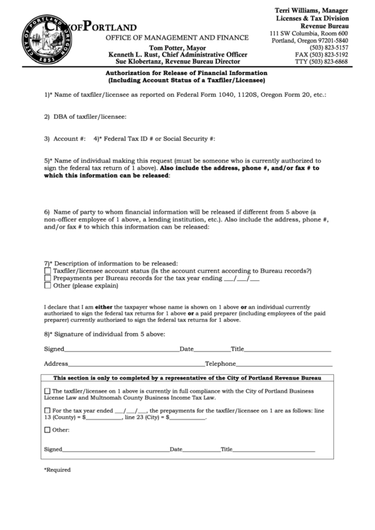 Authorization For Release Of Financial Information (Including Account Status Of A Taxfiler/licensee) Form - Portland Printable pdf