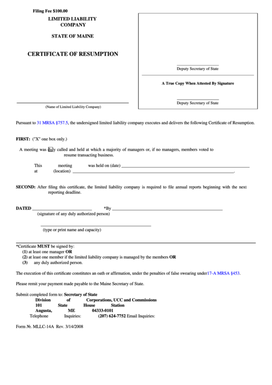 Fillable Form No. Mllc-14a - Certificate Of Resumption Printable pdf