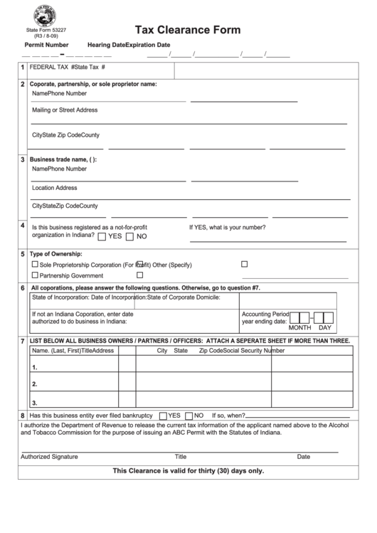 Fillable Tax Clearance Form - Indiana Department Of Revenue Printable pdf