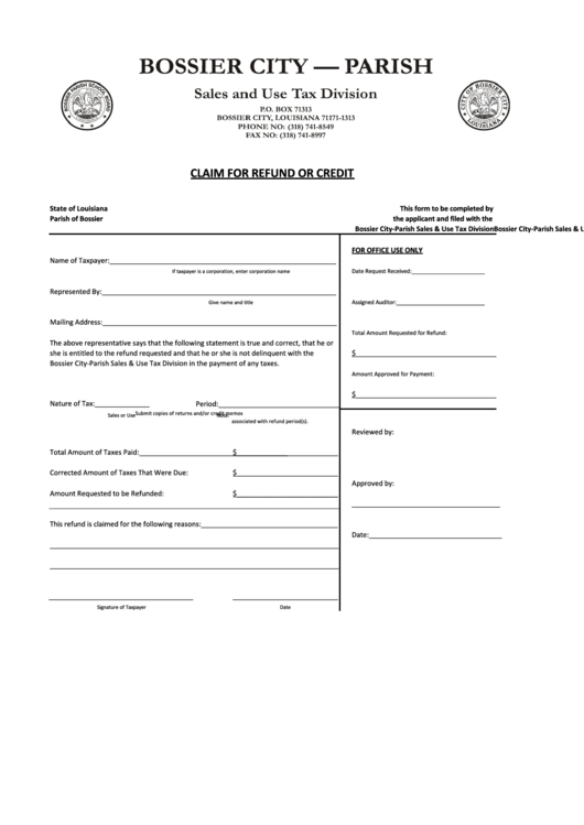 Claim For Refund Or Credit Form - Bossier City Printable pdf