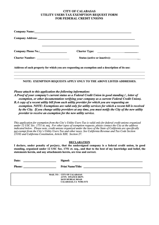 Utility Users Tax Exemption Request Form For Federal Credit Unions - City Of Calabasas Printable pdf