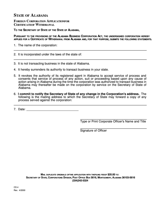 Form Cd.4 - Foreign Corporation Application For Certificate Of Withdrawal - 2000 Printable pdf