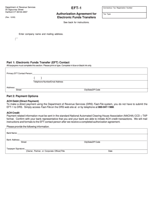 Eft-1 - Authorization Agreement For Electronic Funds Transfers Form Printable pdf