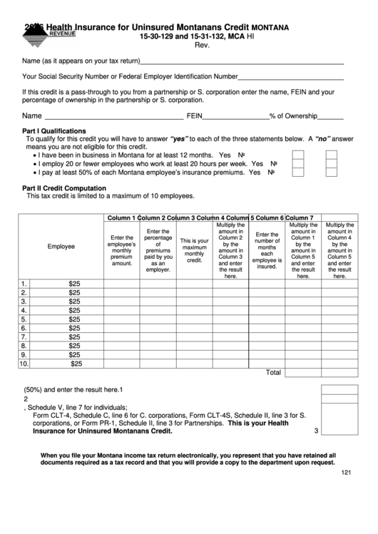 Fillable Montana Form Hi - 2006 Health Insurance For Uninsured Montana Credit Printable pdf