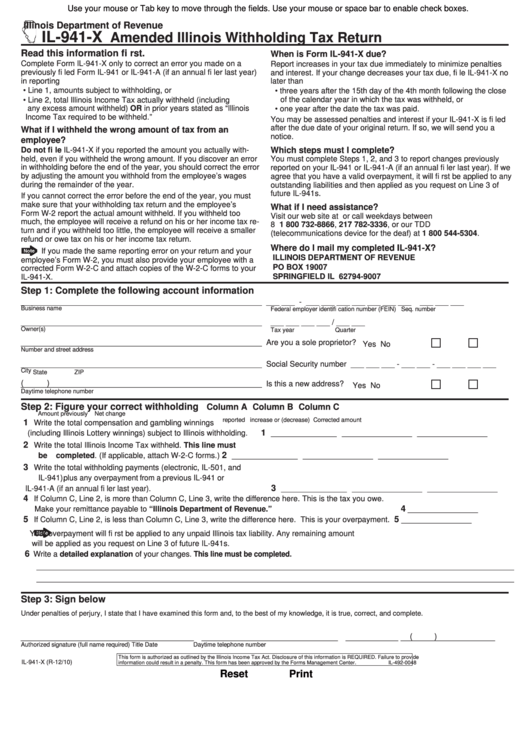 Fillable Form Il-941-X - Amended Illinois Withholding Tax Return - 2010 Printable pdf