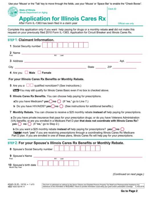 Fillable Application Form For Illinois Cares Rx - Illinois Department On Aging 2010 Printable pdf