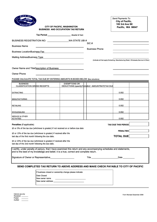 Business And Occupation Tax Return Form Printable pdf