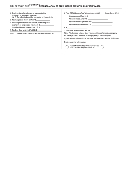 Form Sw-3 - Reconciliation Of Stow Income Tax Withheld From Wages Printable pdf