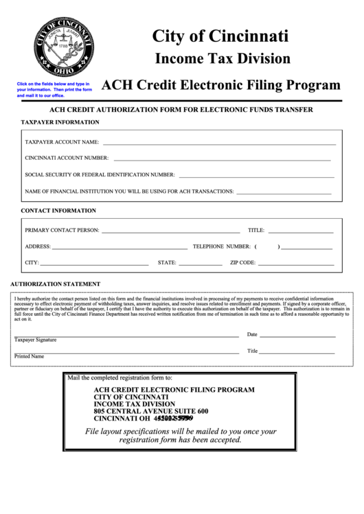 Fillable Ach Credit Authorization Form For Electronic Funds Transfer Form - City Of Cincinnati Income Tax Division Printable pdf