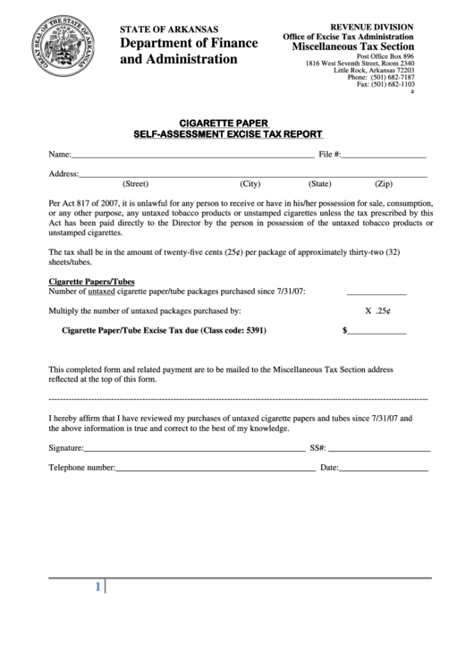 Cigarette Paper Self-Assessment Excise Tax Report Form - Arkansas Department Of Finance And Administration Printable pdf