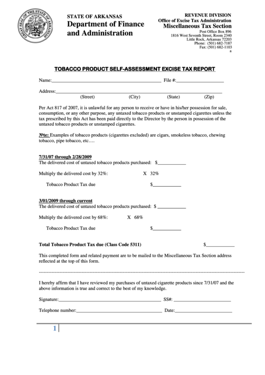 Tobacco Product Self-Assessment Excise Tax Report Form - Arkansas Department Of Finance And Administration Printable pdf