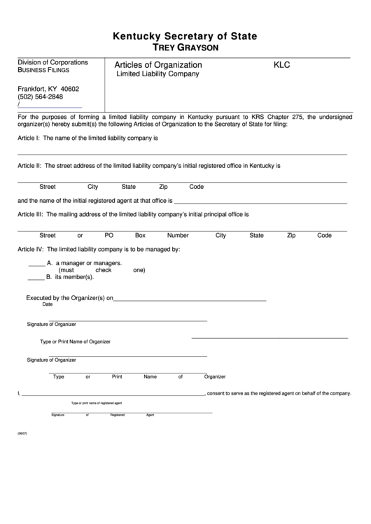 Fillable Form Klc - Articles Of Organization Llc - Kentucky Secretary Of State Printable pdf