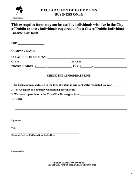 Fillable Declaration Of Exemption Business Only - City Of Dublin Printable pdf