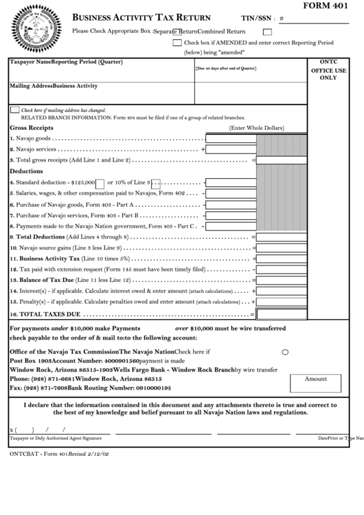 Form 401 - Business Activity Tax Return Navajo Nation Printable pdf