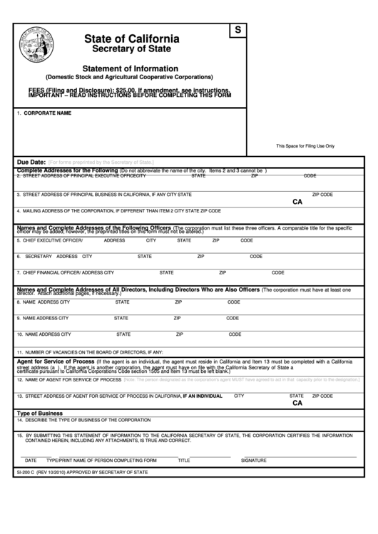 Fillable Form Si-200 C - Statement Of Information (Domestic Stock And Agricultural Cooperative Corporations) Printable pdf