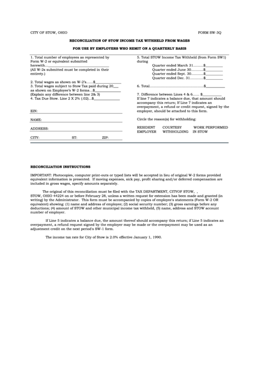 Form Sw-3q - Reconciliation Of Stow Income Tax Withheld From Wages Printable pdf