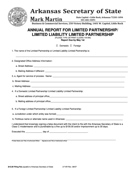 Annual Report For Limited Partnership/limited Liability Limited Partnership Form - Arkansas Secretary Of State Printable pdf