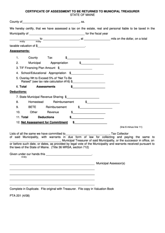 Certificate Of Assessment To Be Returned To Municipal Treasurer Form Printable pdf