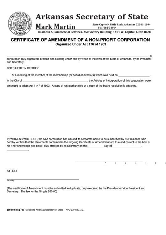 Certificate Of Amendment Of A Non-Profit Corporation Form - Arkansas Secretary Of State Printable pdf