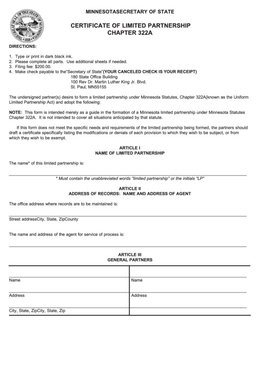 Certificate Of Limited Partnership Form Printable pdf