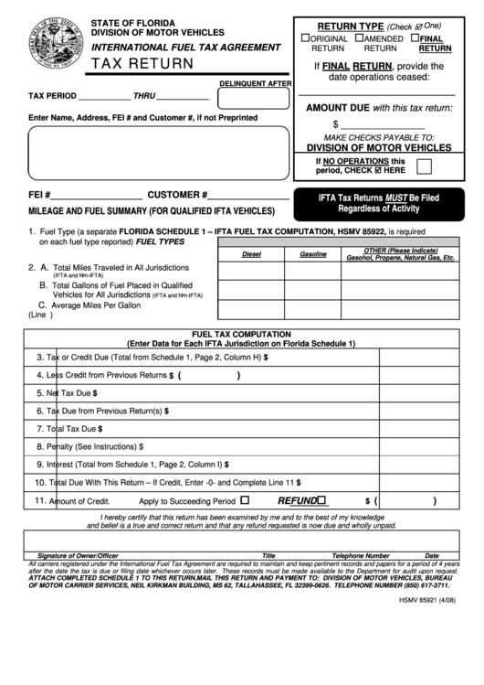 Fillable Form Hsmv 85921 - International Fuel Tax Agreement Printable pdf