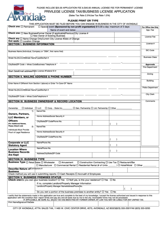 Fillable Privilege License Tax/business License Application - City Of Avondale Printable pdf