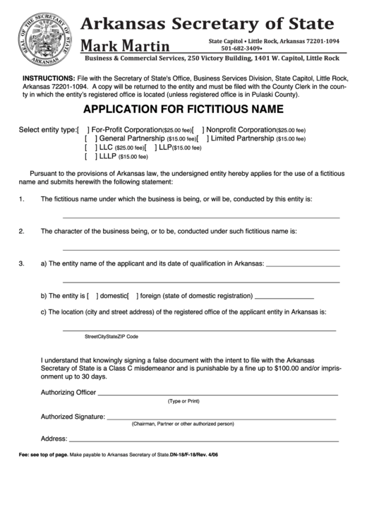 Form Dn-18/f-18 - Application For Fictitious Name Form - Arkansas Secretary Of State Printable pdf