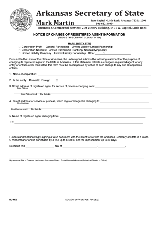 Notice Of Change Of Registered Agent Information Form - Arkansas Secretary Of State Printable pdf